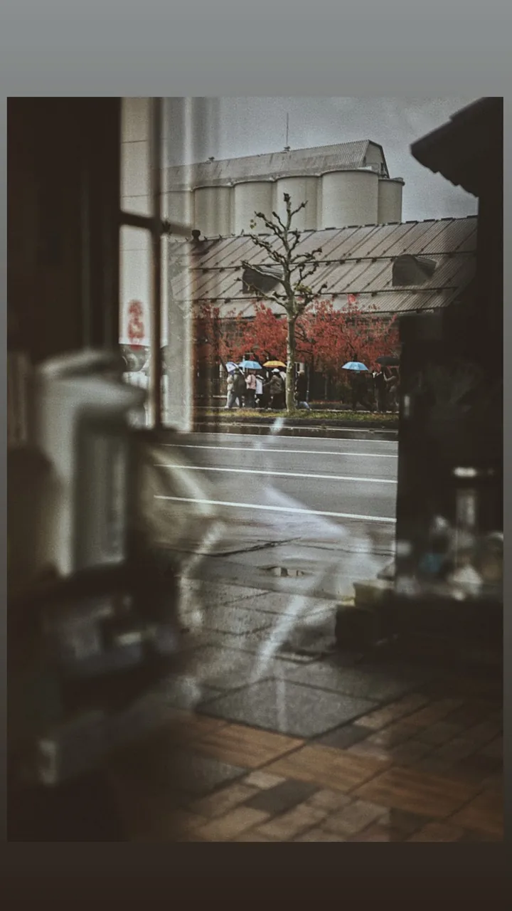 玻璃映出室內的光影，與雨天街道、紅葉和撐傘的人重疊。